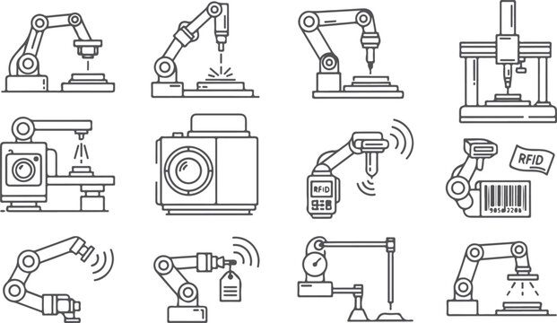Robotic arms industrial automation technology line art icons set manufacturing process engineering production line equipment.