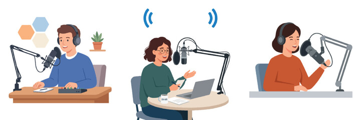Fototapeta premium A simple flat design of a podcaster or radio journalist speaking into a professional microphone. Minimalist style, no outlines, soft color blocks, white background. 