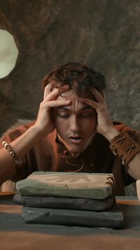 Funny Caveman Feeling Tired and Having Headache Next to Stone Coffee Maker in Prehistoric Cave