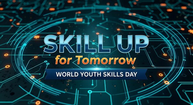 World youth skills day banner with skill up for tomorrow text over circuit board background