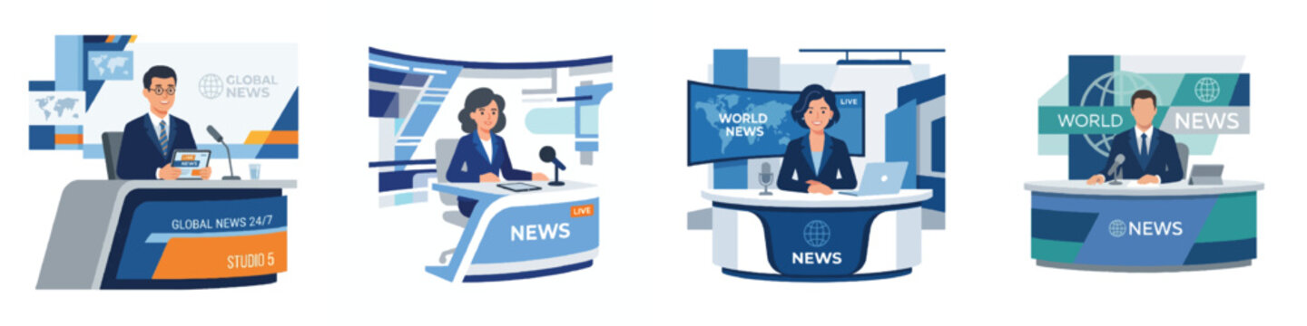  A minimalist flat design illustration of a news anchor sitting behind a modern studio desk. Simple shapes, no outlines, clean corporate colors, white background.