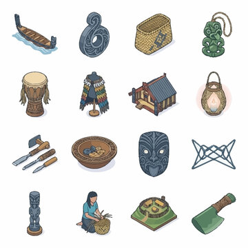 Collection of Maori cultural artifacts and symbols, including a waka, carving, and traditional housing.