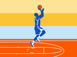 Minimalist vector illustration of a basketball player performing a jump shot on a stylized court © Arfi