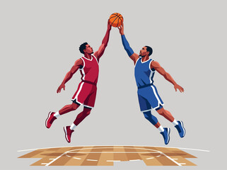 Dynamic Vector Illustration of Two Basketball Players Jumping for a Ball in Competition © Arfi