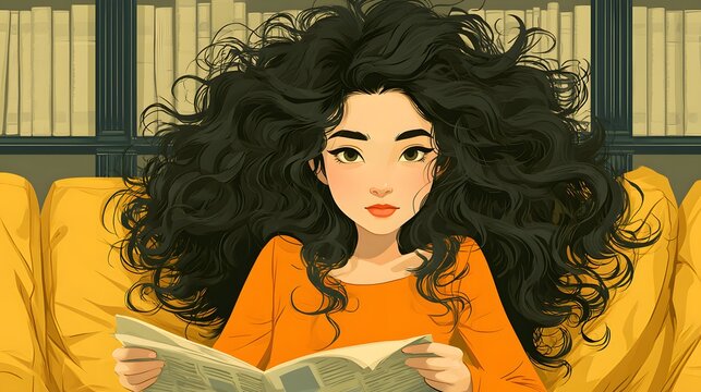Curly-haired girl reads book, relaxed and absorbed in quiet space