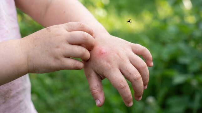  Close-up of a child's hands scratching a red, swollen mosquito bite outdoors, with a flying mosquito visible in the background.