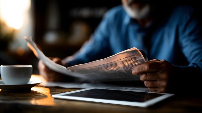 Senior male reading newspaper with coffee