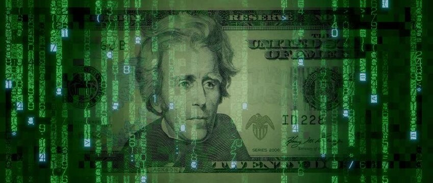 Digital Cash Concept with Twenty Dollar Bill made from Animated Code. Cryptocurrency Banking Background.