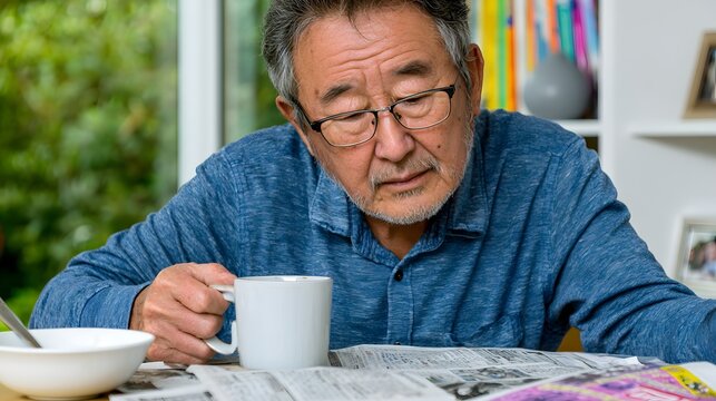 Older man sits at table drinking coffee while reading newspaper