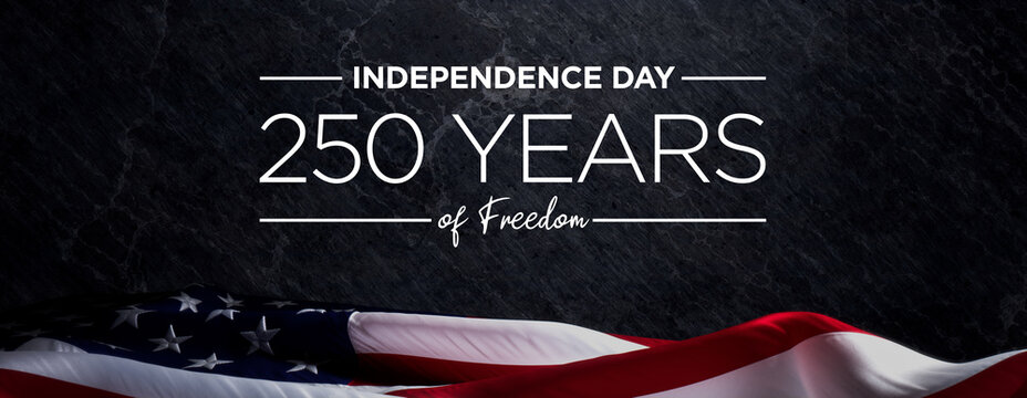 Stylized American Flag on Black Background with INDEPENDENCE DAY 250 YEARS of Freedom Text for Commemorative Celebrations and Historical Events
