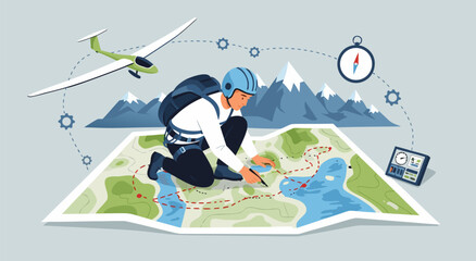 Obraz premium Paragliding Route Planning Illustration Vector Concept Showing A Pilot Analyzing Topographic Maps For Mountain Flight Navigation