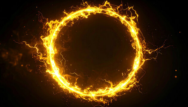 Yellow electric lightning forming circular ring, floating on dark black backdrop, glowing magical aura, energy particles, sci-fi fantasy style, soft bloom effect.