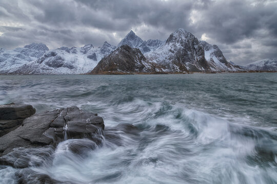 Winter artic sea next to Vareid in Lofoten Islands, Norway