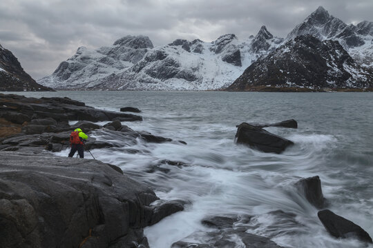 Winter artic sea next to Vareid in Lofoten Islands, Norway