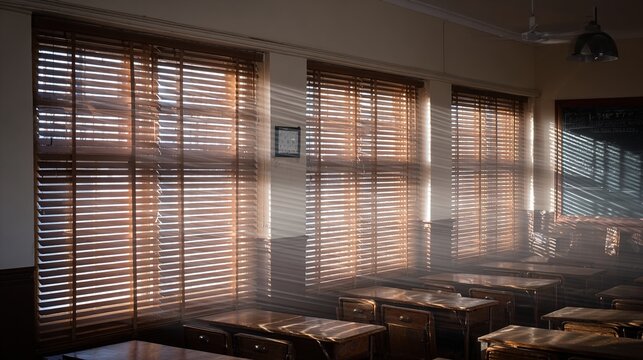 academia. An old study room with soft afternoon sunlight streaming through wooden blinds. travel magazines, destination branding, designed for outdoor magazines and nature guides.