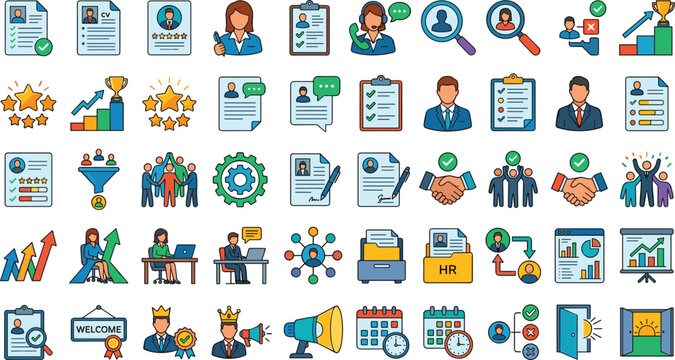 Human resources and corporate recruitment line vector icon set featuring isolated cv resumes candidate search and career employment elements