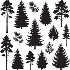 Diverse pine tree silhouettes against a bright white background representing forest nature and evergreen concepts © SDR