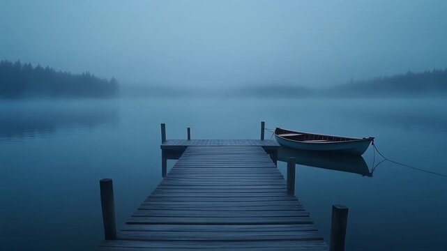 Calm wooden pier and rowing boat on a misty lake during blue morning