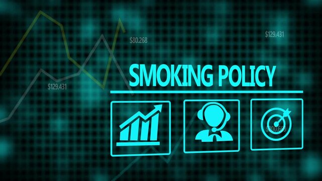 Smoking Policy business concept on a flashing computer monitor with moving graphs and data.