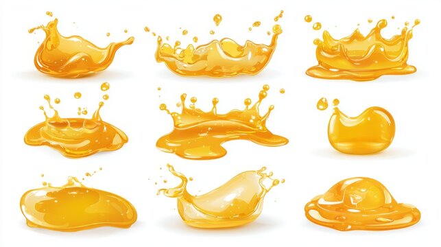 Collection of vector style drops and pools of golden juice or oil, organic shape variety with fun exaggerated volume