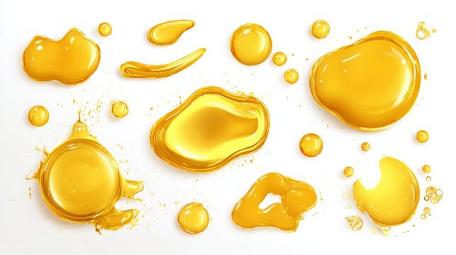 Collection of vector style drops and pools of golden juice or oil, organic shape variety with fun exaggerated volume