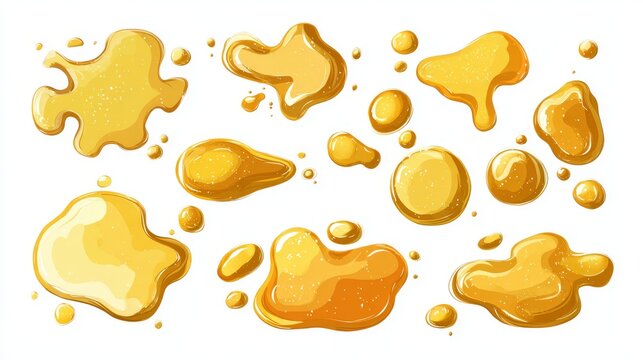 Collection of vector style drops and pools of golden juice or oil, organic shape variety with fun exaggerated volume