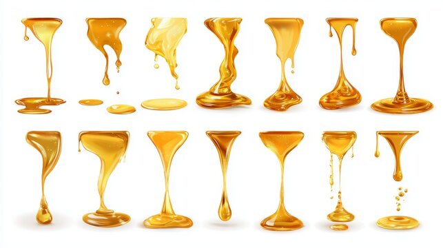 Collection of vector style drops and pools of golden juice or oil, organic shape variety with fun exaggerated volume