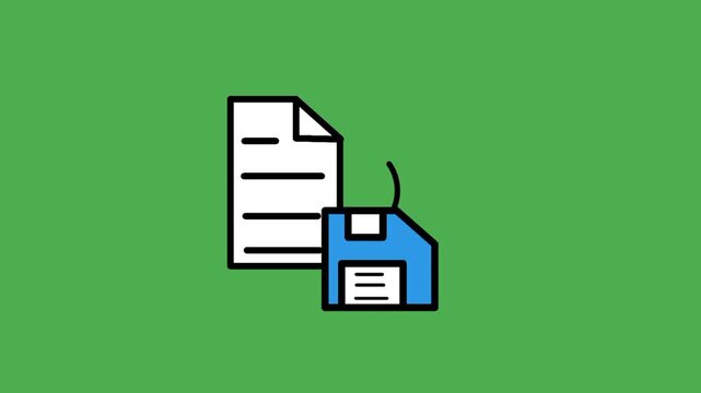 Save file concept featuring a document, storage disk, and spinning arrow. Visual representation of backup, synchronization, and data management.