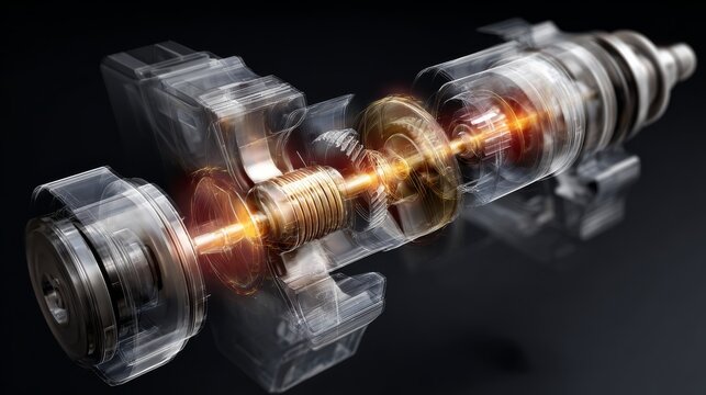 Conceptual 3D graphic of engine internals in operation, showing kinetic energy transfer from pistons to crankshaft with metallic sheen