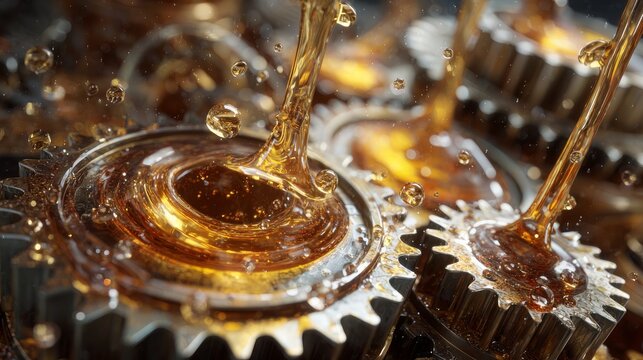 Detailed 3D illustration showing viscous lubricant oil droplets and streams flowing over shiny engine gears, highlighting texture and fluid dynamics