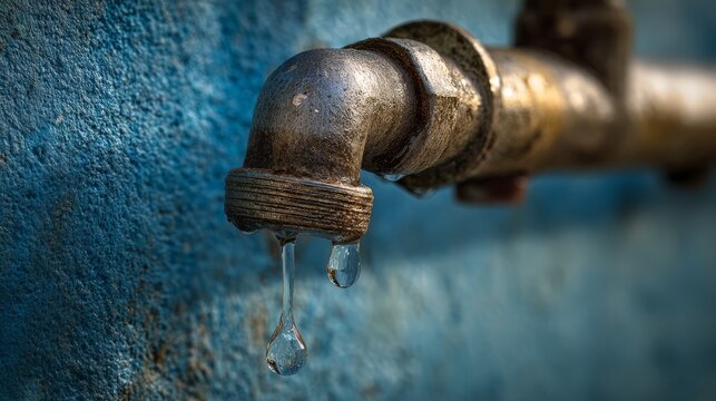 Detailed shot of chromium drain pipe with dripping water leak, realistic reflections on metal surface and clear blue textured wall behind