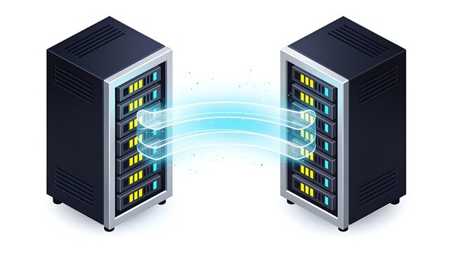Enterprise virtualization server icon representing cloud platforms, connected storage resources, secure computing environments and business technology infrastructure