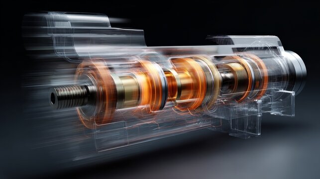 Dynamic 3D rendering of internal combustion engine showing pistons moving within cylinders and rotating crankshaft in motion blur effect