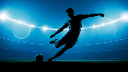 Obraz premium Silhouette of a soccer player kicking a ball on a grass field inside a stadium with bright blue floodlights and a dark dramatic atmosphere