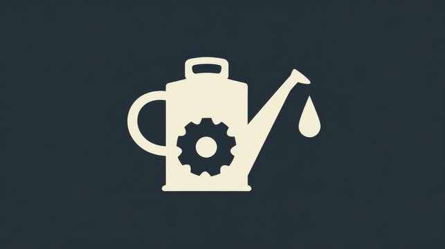 Flat vector icon of classic metal oiler can with long spout, single oil droplet falling onto gear outline, minimal design