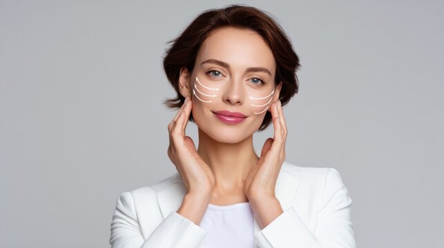 Professional businesswoman wearing white blazer touching face with lifting arrow graphics, highlighting anti aging skincare and wrinkle reduction treatment