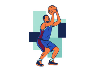 Professional Basketball Player Taking Jump Shot Vector Illustration with Geometric Background © Nia