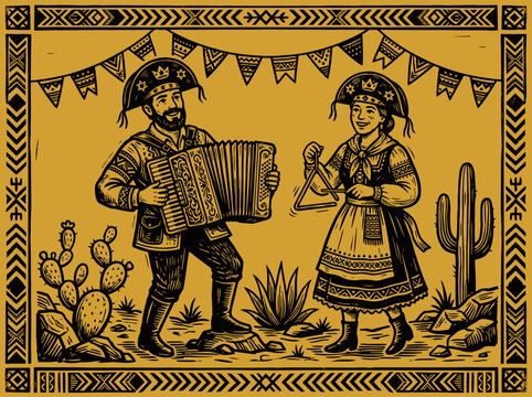 Brazilian Festa Junina Cordel Woodcut Illustration of Musicians Playing Accordion and Triangle in Sertao Desert