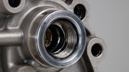 Obraz premium Isolated close-up of automotive water pump component, highlighting precision engineering and metal textures on neutral background