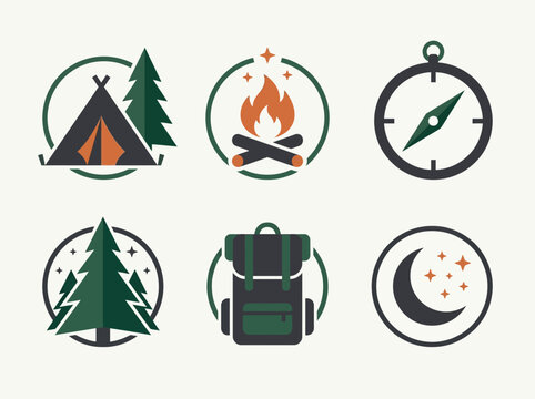 Minimalist Camping and Outdoor Adventure Flat Vector Icon Set featuring Tent, Campfire, Compass, Forest, Backpack, and Moon