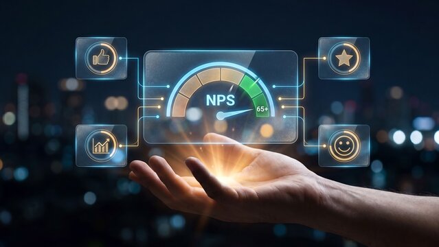 Hand Holding Glowing NPS Score Gauge Dashboard with Like Star Smiley and Analytics Icons Showing Customer Loyalty Satisfaction Concept