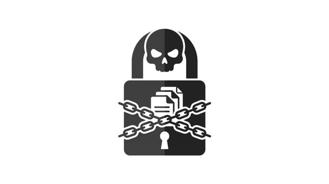A hooded hacker in a mask attempts to steal data from a computer secured by a large red padlock, with money bags and coins nearby, against a white background