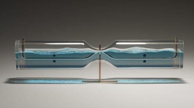 Minimalist scientific diagram of communicating vessels illustrating hydrostatic pressure balance, transparent tubes with realistic fluid surface tension effects