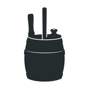 Black silhouette of a traditional wooden butter churn, featuring a barrel with bands and a dasher handle, against a clean white background.