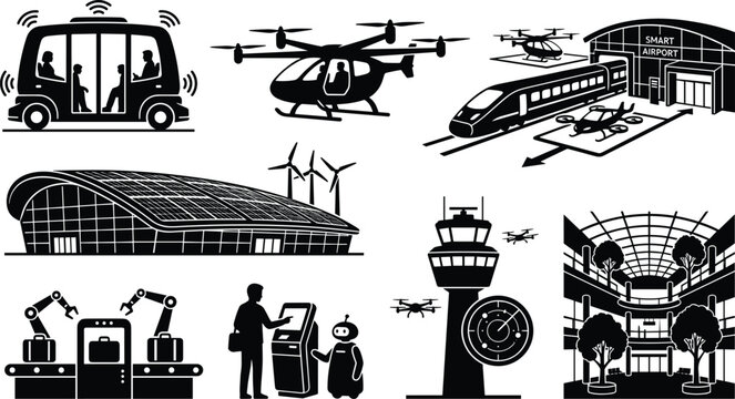 Smart Airport and Advanced Aviation Technology Silhouette Collection with Autonomous Mobility Solutions