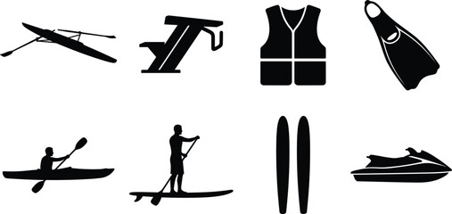 Water Sports Equipment and Recreation Silhouette Collection Featuring Kayaking Paddleboarding and Jet Skiing © MdSumon