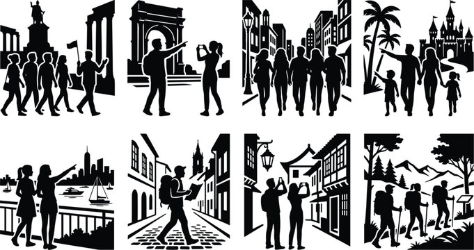Travel Tourism Silhouette Collection Featuring City Tours Sightseeing Landmarks Hiking Adventures and Family Vacations