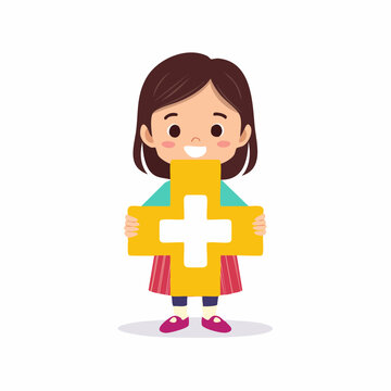 Child holding a large yellow plus sign