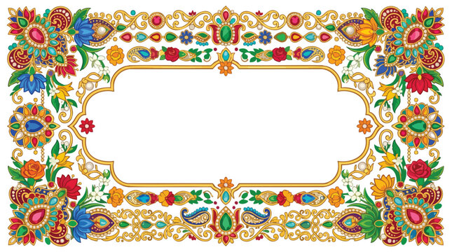 Ornate floral and jewel border design with intricate patterns and vibrant colors, decorative frame for invitations