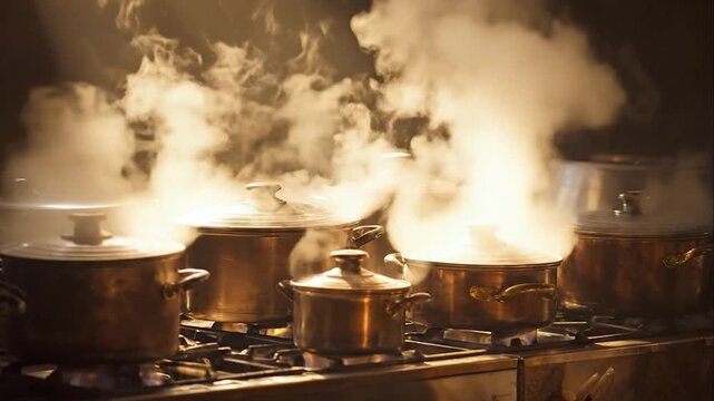 Steaming pots on a stove, cooking in a restaurant kitchen, culinary preparation.